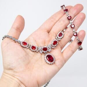 Simulated Ruby 18k Gold Plated Necklace & Matching Colour Heart Shaped Bracelet